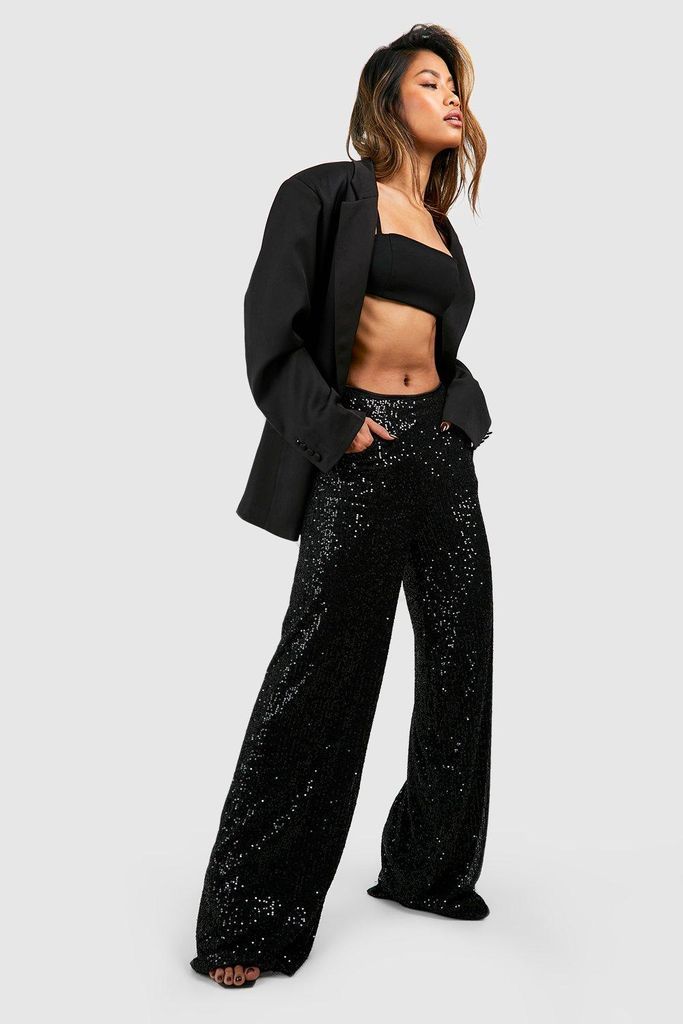 Womens Knitted Sequin Wide Leg Trousers - Black - 8, Black