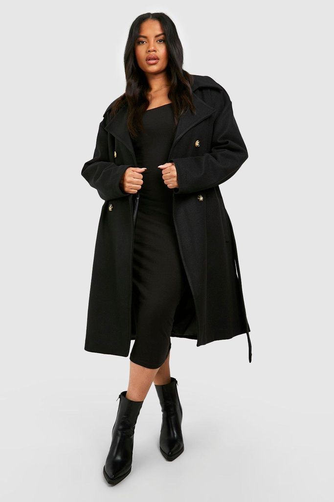 Womens Plus Wool Look Belted Coat - Black - 16, Black