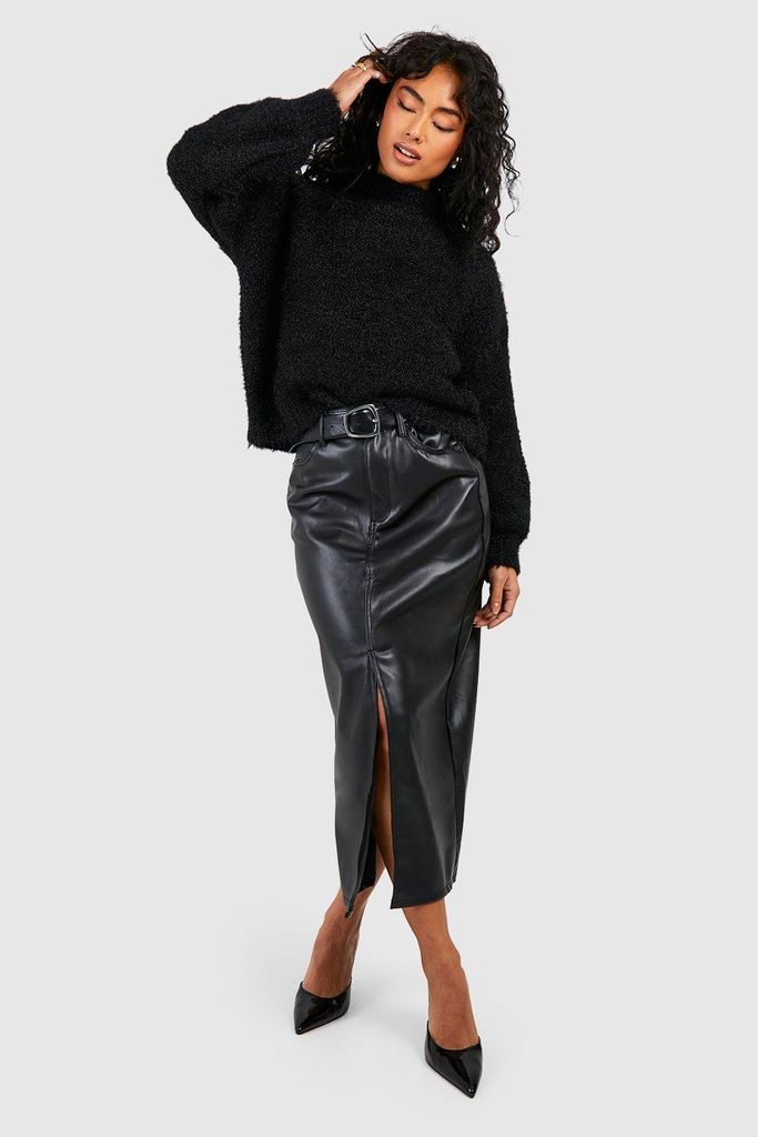 Womens Leather Look Split Midi Skirt - Black - L, Black