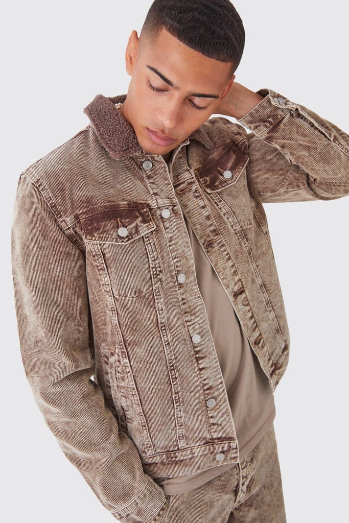 Men's Acid Wash Cord Jacket With Borg Collar In Chocolate - Brown - S, Brown