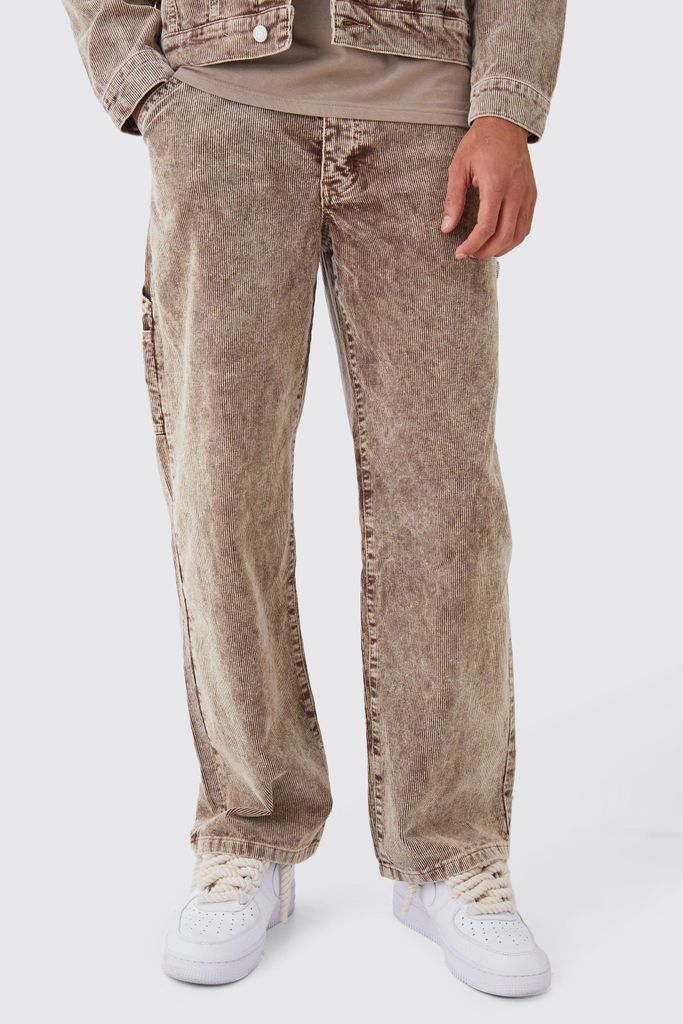 Men's Baggy Rigid Acid Wash Cord Trousers In Chocolate - Brown - 28R, Brown