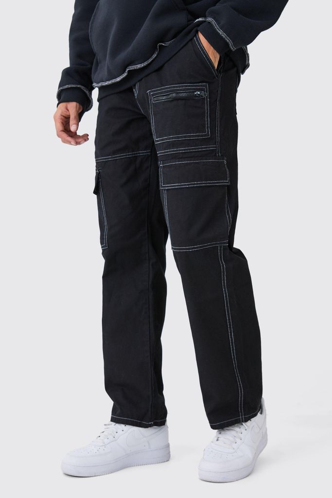 Men's Relaxed Multi Cargo Pocket Contrast Stitch Trouser - Black - 28, Black