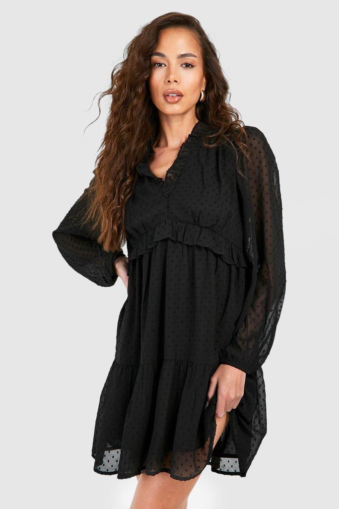 Womens Dobby Chiffon Frill Mini Dress - Black - 8, Black