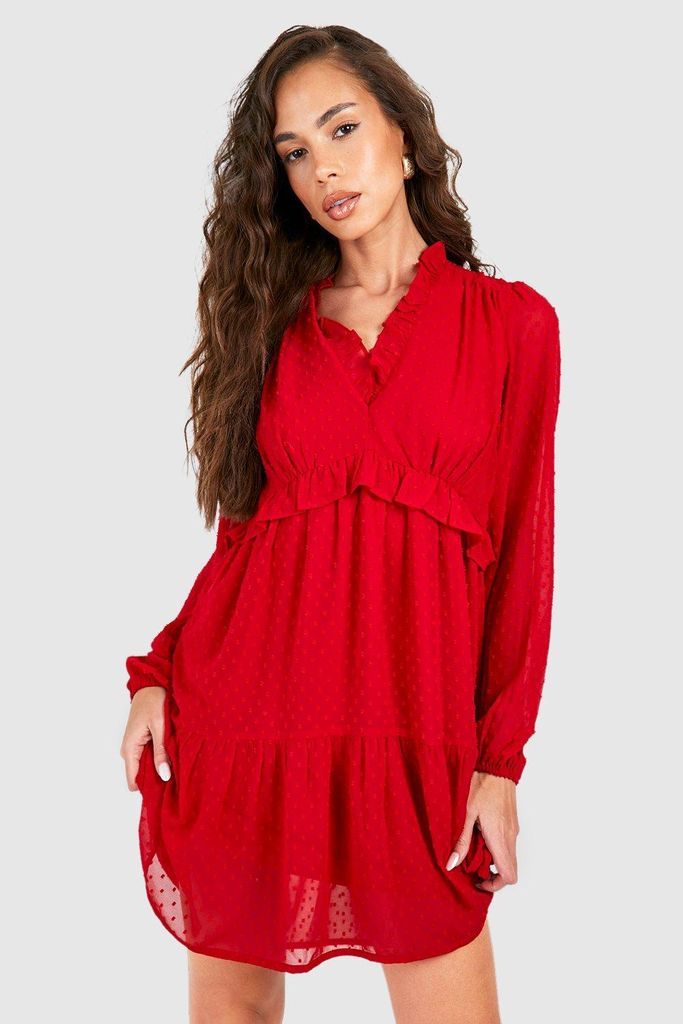 Womens Dobby Chiffon Frill Mini Dress - Red - 18, Red