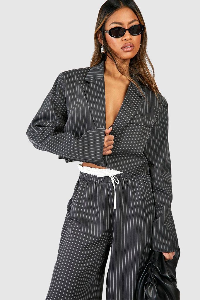 Womens Pinstripe Double Breasted Boxy Crop Blazer - Grey - 6, Grey