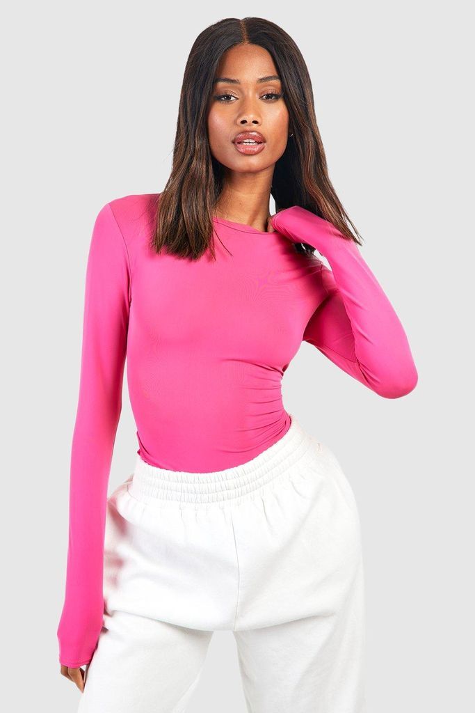 Womens Premium Matt Slinky Crew Neck Long Sleeve Top - Pink - 6, Pink