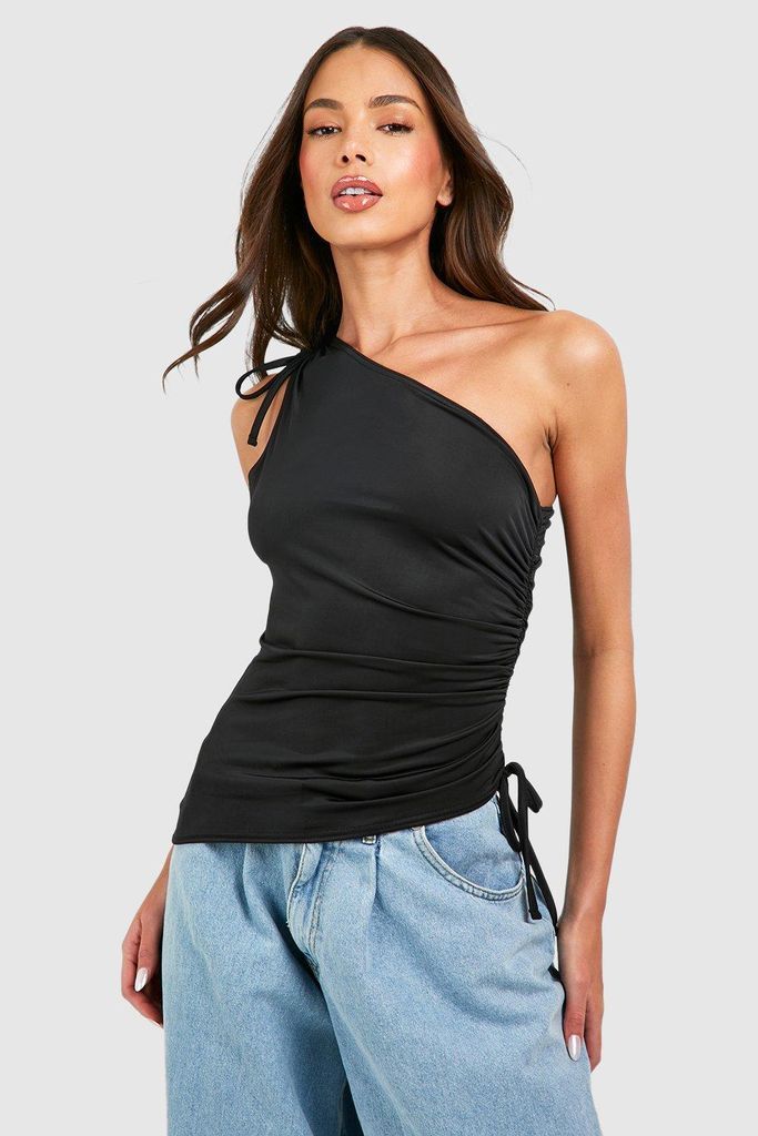 Womens Premium Matt Slinky Rouche Shoulder Top - Black - 6, Black
