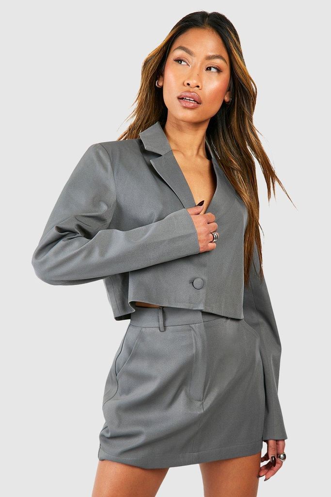 Womens Single Breasted Boxy Crop Blazer - Grey - 6, Grey