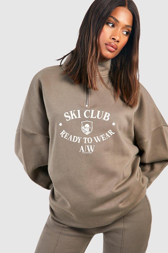 Womens Ski Club Slogan Oversized Half Zip Sweatshirt - Beige - S, Beige