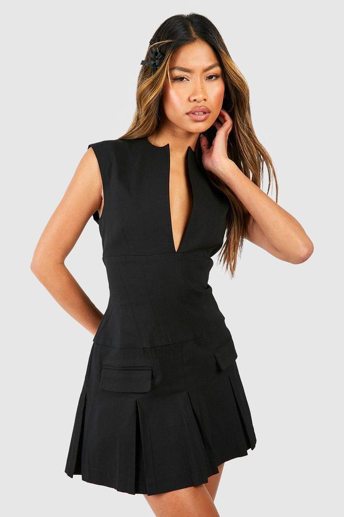 Womens Tailored Notch Neck Pleated Mini Dress - Black - 6, Black