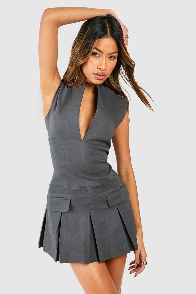 Womens Tailored Notch Neck Pleated Mini Dress - Grey - 6, Grey