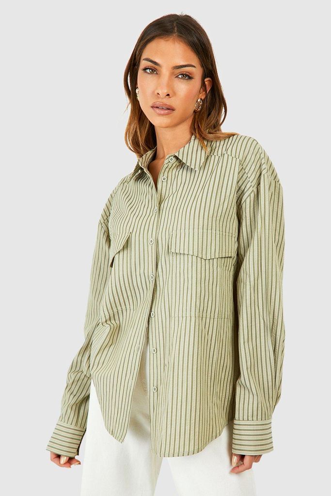 Womens Textured Stripe Double Pocket Shirt - Green - 6, Green