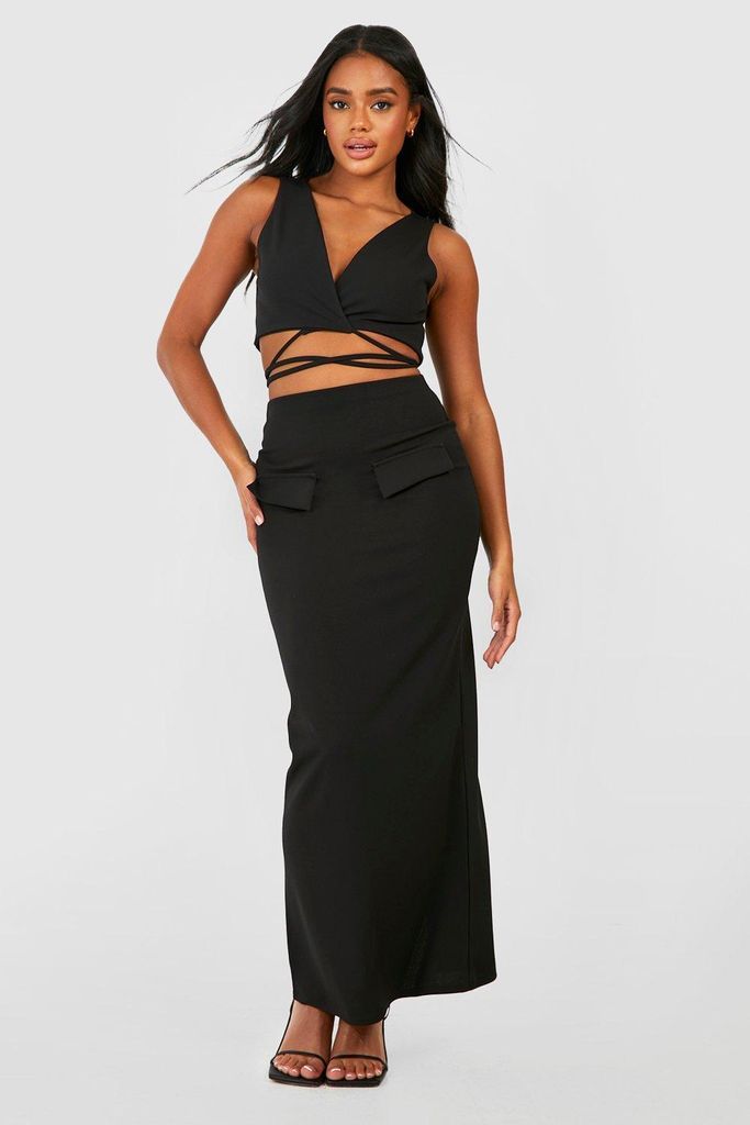 Womens Tie Waist Plunge Front Bralette & Column Maxi Skirt - Black - 6, Black