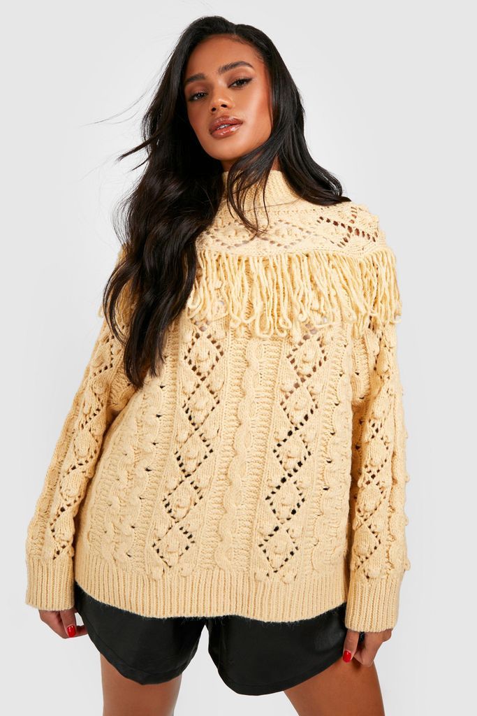 Womens Heavy Tassel And Cable Jumper - Beige - S, Beige