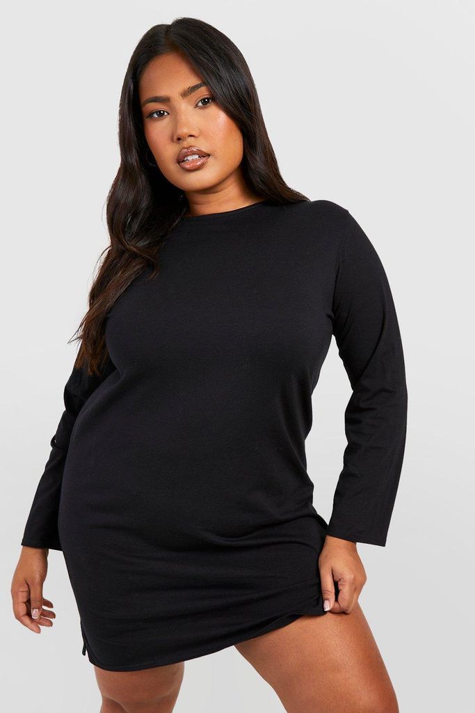Womens Plus Cotton Long Sleeve Split T-Shirt Dress - Black - 18, Black