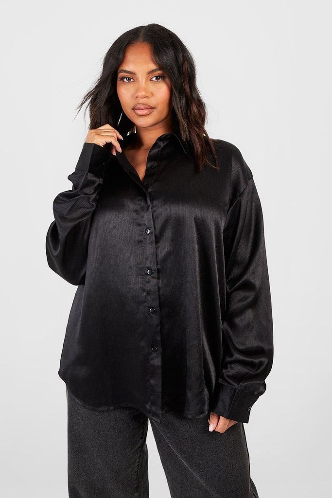Womens Plus Textured Satin Oversized Shirt - Black - 26, Black