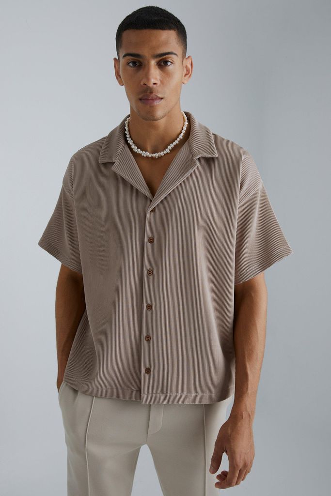 Men's Pleated Short Sleeve Oversized Boxy Shirt - Brown - S, Brown