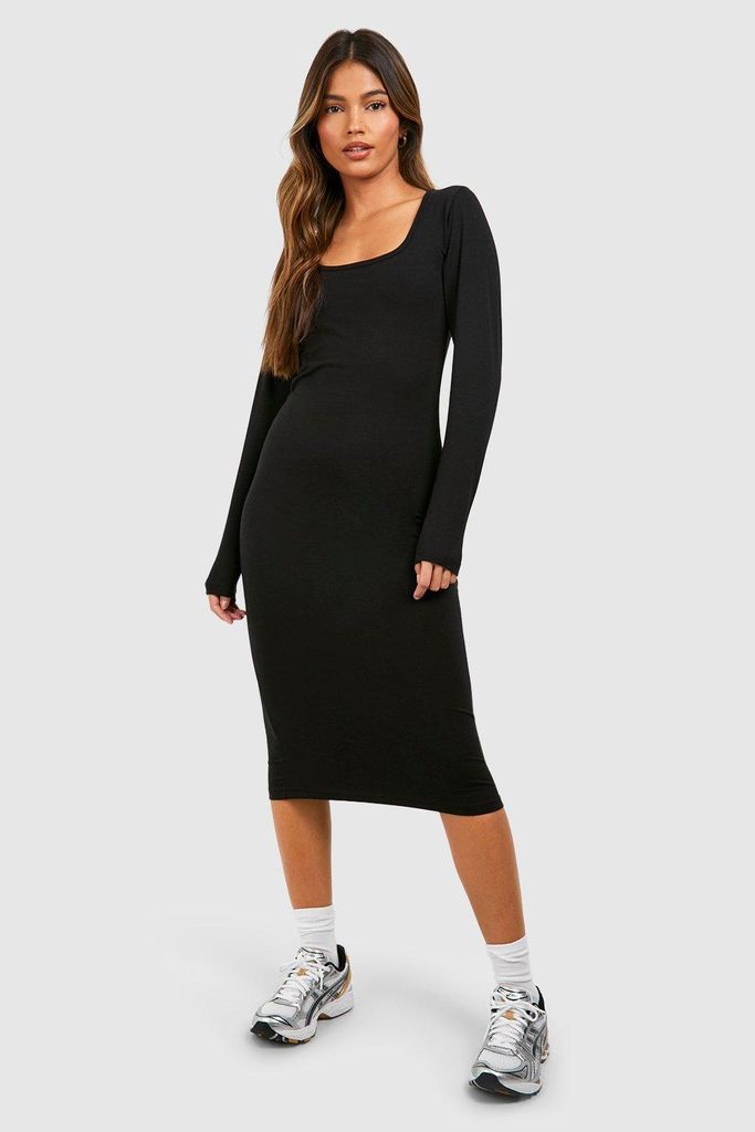 Womens Square Neck Cotton Midi Dress - Black - 18, Black
