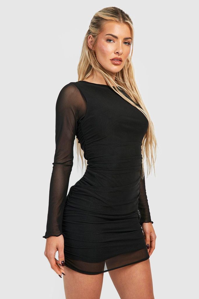 Womens Rouched Mesh Mini Dress - Black - 12, Black