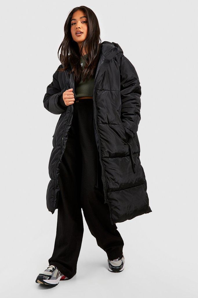 Womens Petite Hooded Longline Padded Puffer Jacket - Black - 12, Black