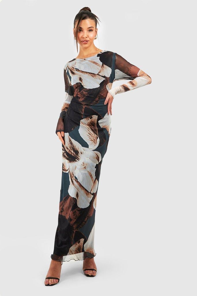 Womens Abstract Floral Mesh Maxi Dress - Brown - 10, Brown