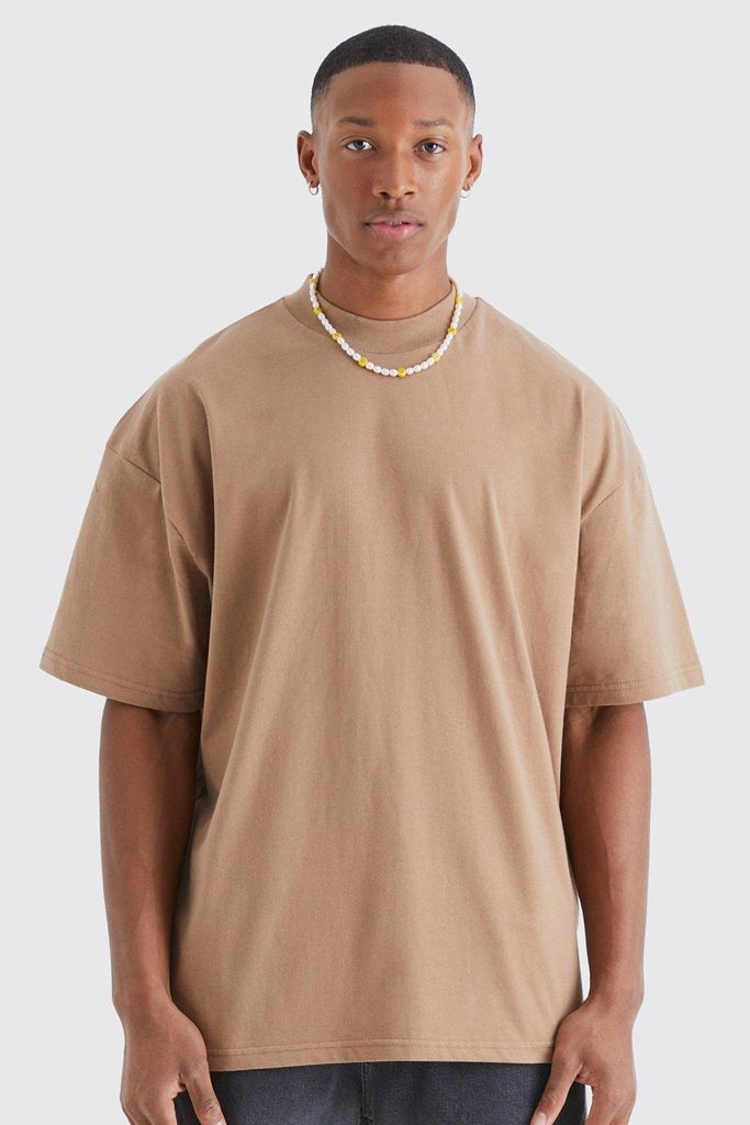 Men's Oversized Extended Neck Heavyweight T-Shirt - Brown - S, Brown