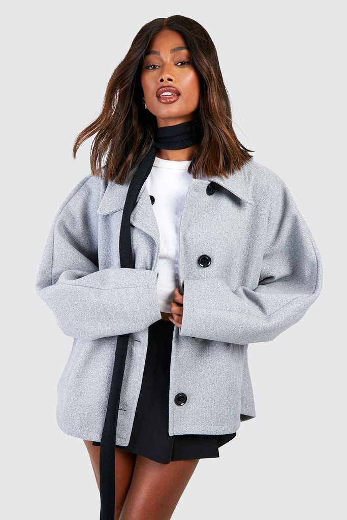 Womens Batwing Collared Wool Look Coat - Grey - 10, Grey