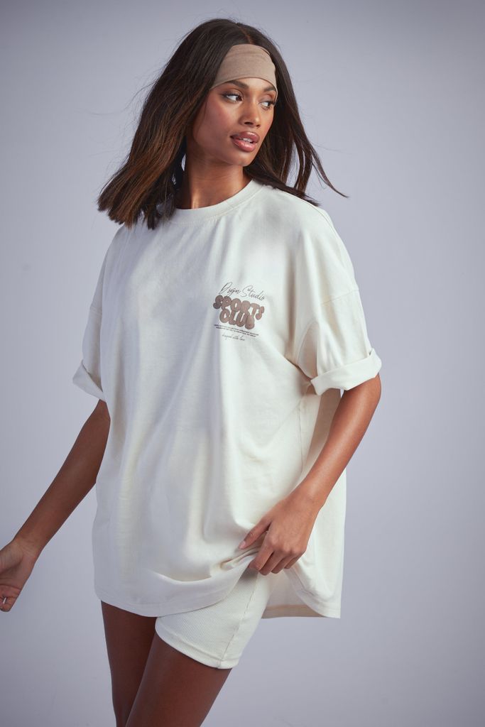 Womens Dsgn Studio Sports Bubble Slogan Oversized T-Shirt - Beige - Xl, Beige
