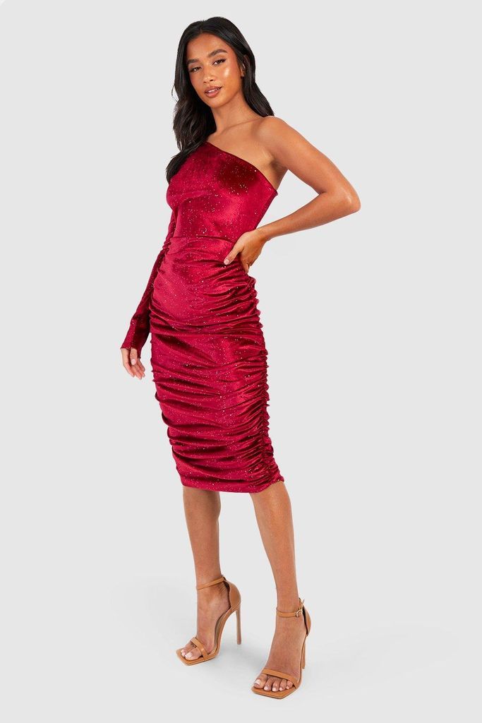 Womens Petite One Shoulder Glitter Velvet Midi Dress - Red - 14, Red