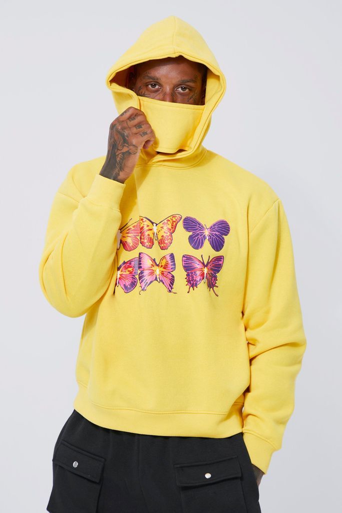 Men's Boxy Fit Graphic Hoodie With Snood - Yellow - Xl, Yellow