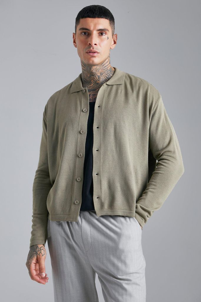 Men's Long Sleeve Boxy Button Down Knitted Shirt - Beige - M, Beige