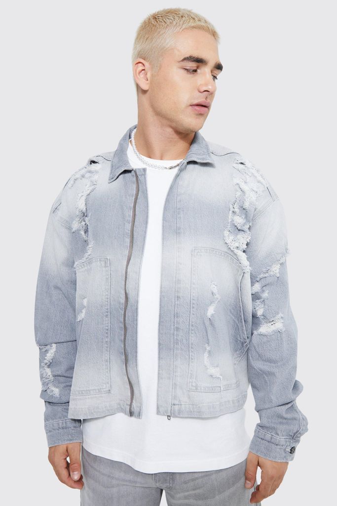 Men's Oversized Boxy Fit Distressed Denim Jacket - Grey - L, Grey