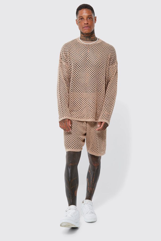 Men's Knitted Open Texture Oversized Jumper And Short Set - Beige - S, Beige