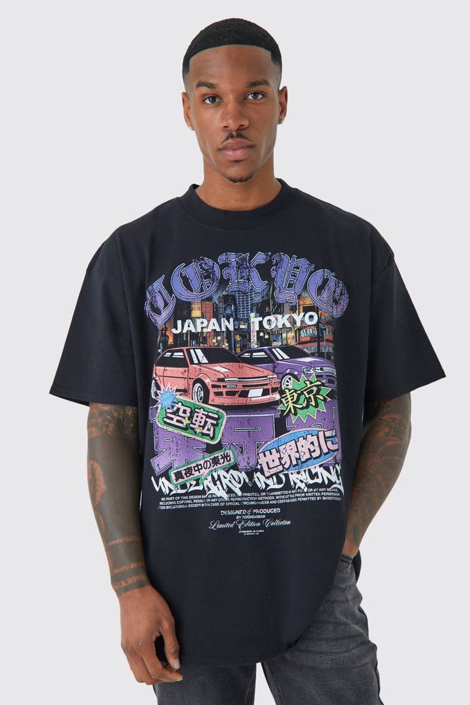 Men's Oversized Tokyo Drift Graphic T-Shirt - Black - S, Black