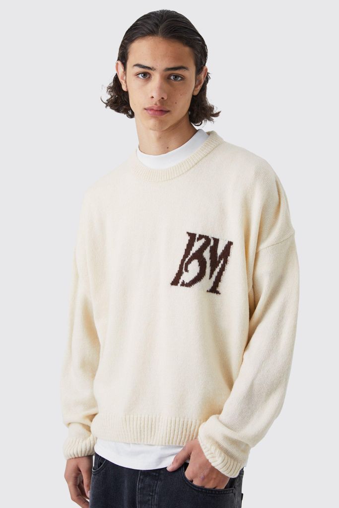 Men's Boxy Bm Brushed Knitted Jumper - Cream - S, Cream