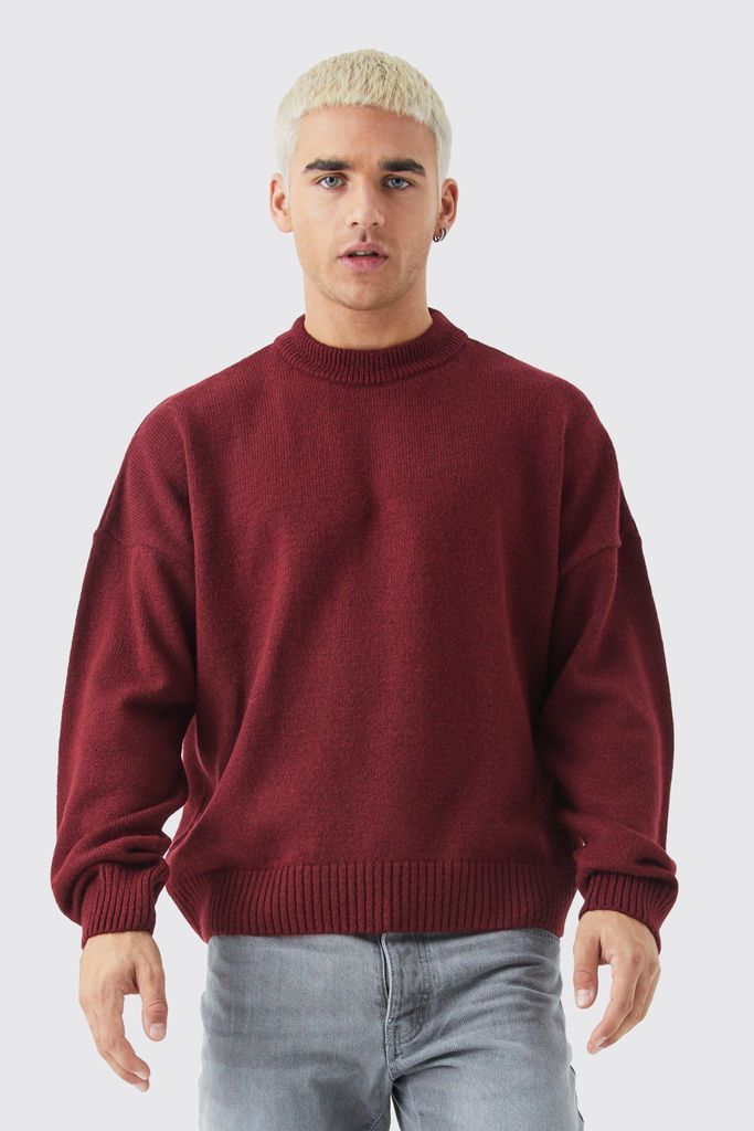 Men's Boxy Brushed Extended Neck Knitted Jumper - Red - S, Red