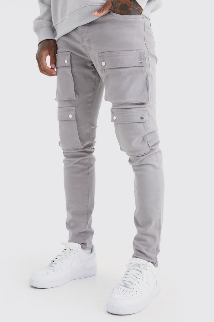 Men's Fixed Waist Skinny Multi Cargo Pocket Trouser - Grey - 28, Grey