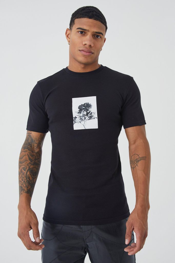 Men's Muscle Heavyweight Interlock Rose Graphic T-Shirt - Black - S, Black