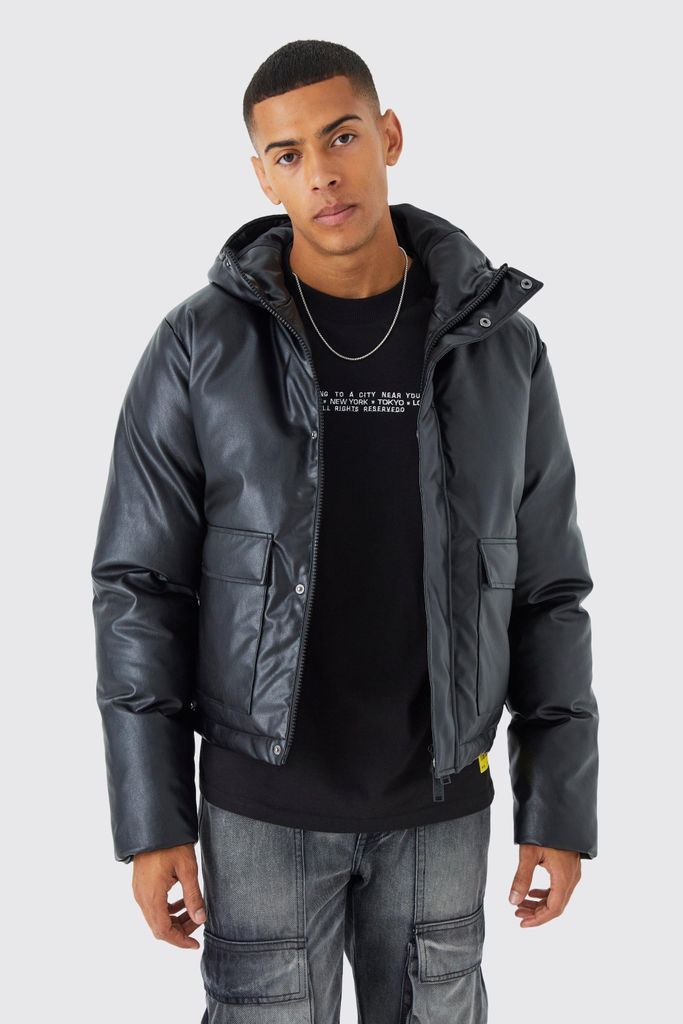 Men's Boxy Pu Hooded Puffer With Pockets - Black - S, Black