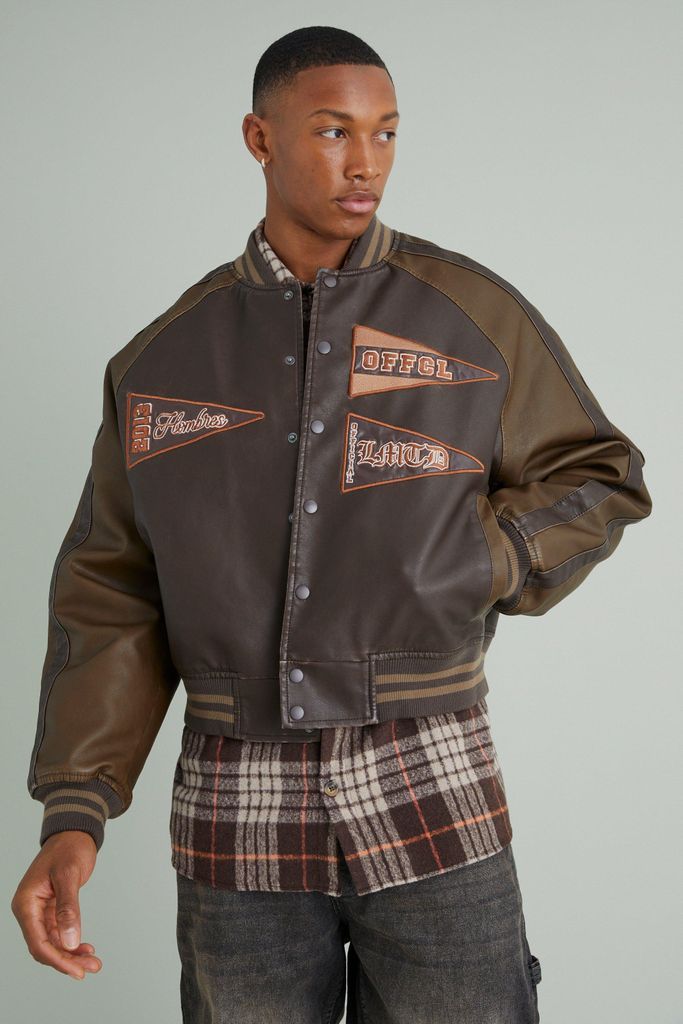 Men's Boxy Tumbled Pu Pannelled Varsity Jacket - Brown - S, Brown