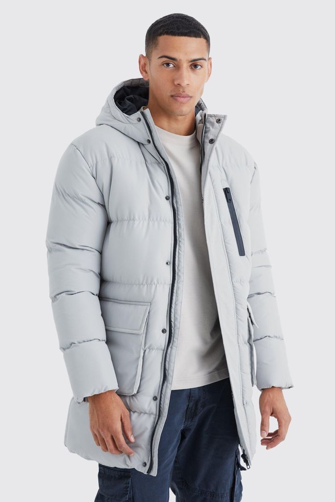 Men's Longline Hooded Puffer With Pockets - Grey - S, Grey