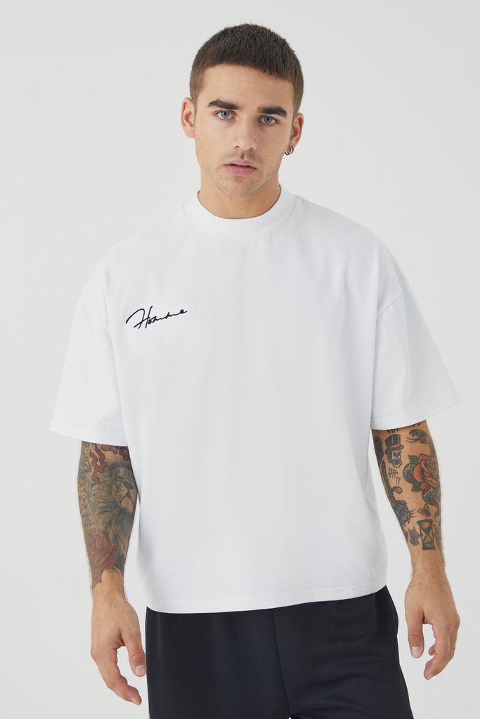 Men's Oversized Boxy Heavyweight Peached Embroidered T-Shirt - White - S, White