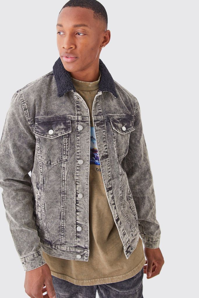 Men's Acid Wash Cord Jacket With Borg Collar In Charcoal - Grey - S, Grey