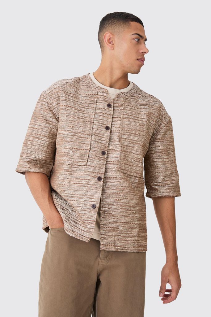 Men's Collarless Drop Shoulder Oversized Boucle Shirt - Brown - S, Brown