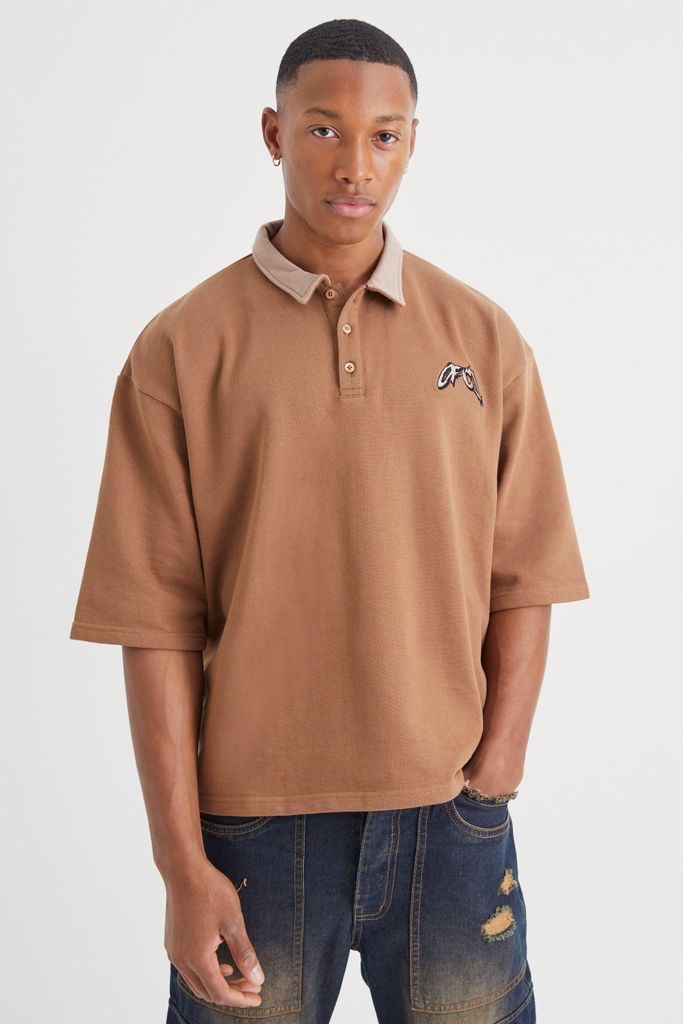 Men's Oversized Boxy Heavy Loopback Embroidered Polo - Brown - S, Brown