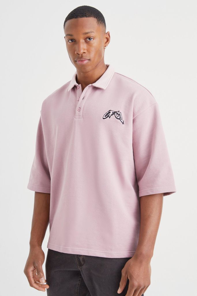 Men's Oversized Boxy Heavy Loopback Embroidered Polo - Pink - S, Pink