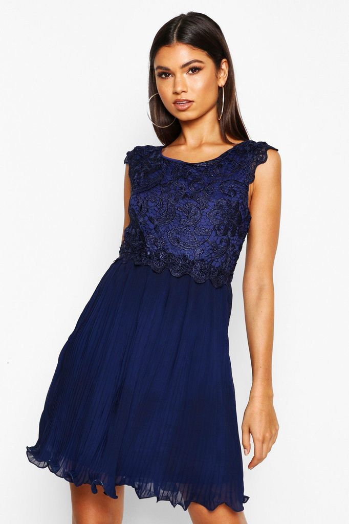 Womens Boutique Corded Lace Pleated Skater Dress - Navy - 10, Navy