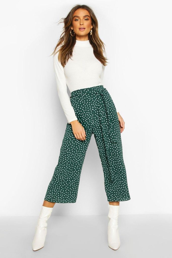Womens Belted Woven Polka Dot Culottes - Green - 10, Green