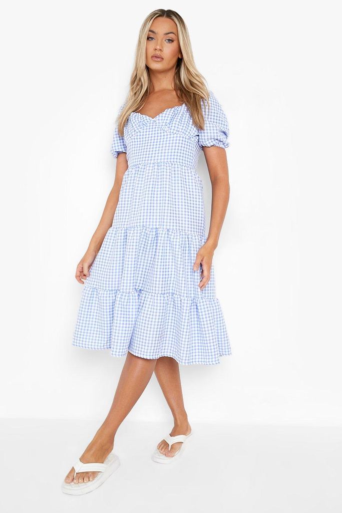 Womens Check Puff Sleeve Tiered Midi Skater Dress - Blue - 12, Blue