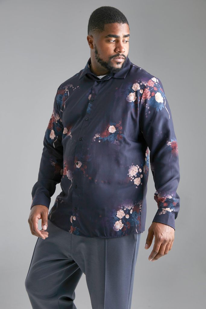 Men's Plus Long Sleeve Floral Shirt - Purple - Xxl, Purple